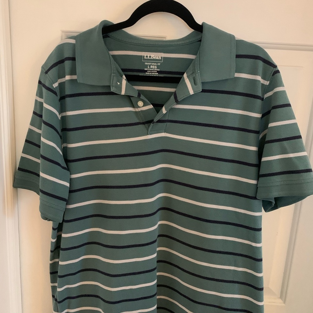 L.L. Bean Green and Blue Polo Shirt Classic Striped Design